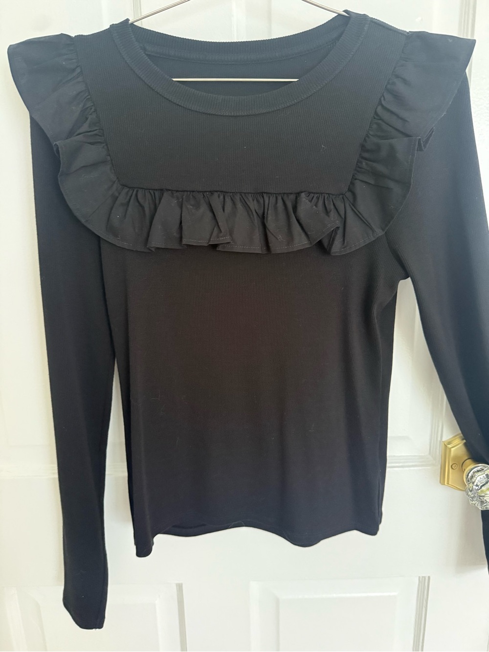 Black Ruffle-Trim Long Sleeve Top